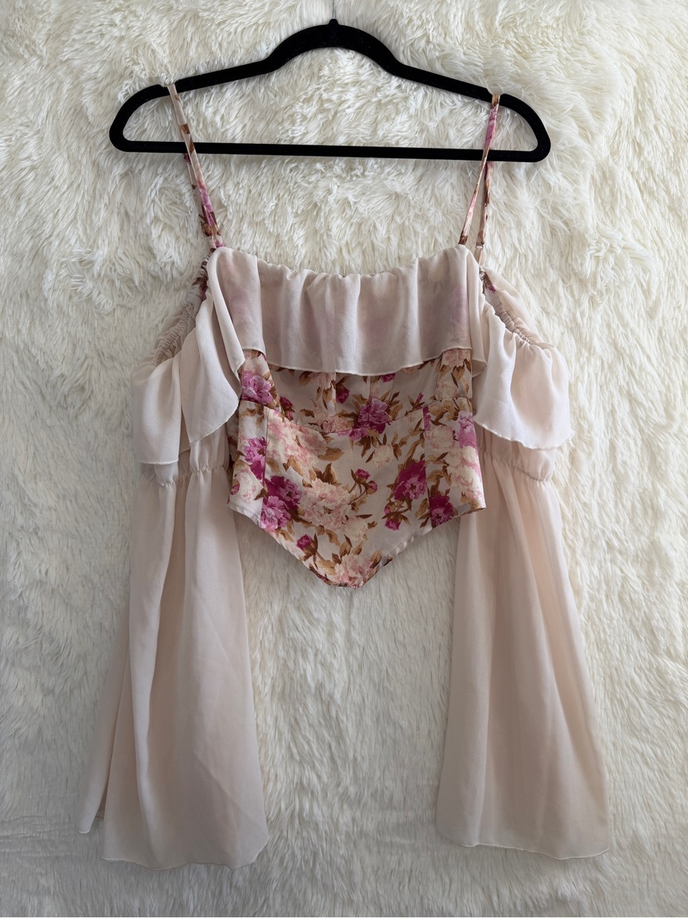 Cider Womens Floral Corset Style Top Size XL Cream Fairycore Sheer Bell Sleeves